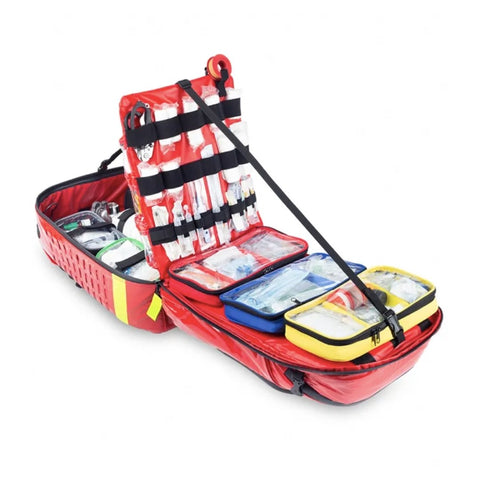 PARAMED´S EVO Mochila Paramedico Roja Antifluidos XL, apertura completa.