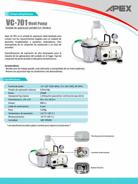 Bomba de Aspiracion de Secreciones - Apex VC-701